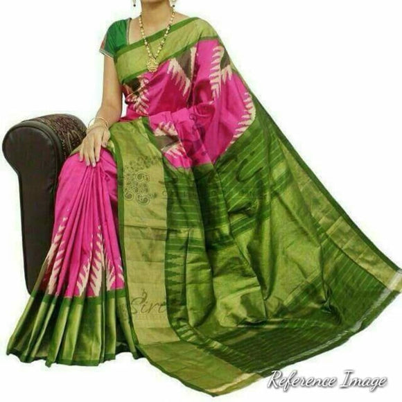 Pochampally ikkat pink with green handwoven pure silk saree - Pochampally Ikkat Silk Sarees
