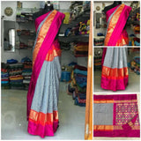 Pochampally ikkat white and black small checks with pink handwoven pure silk saree - Pochampally Ikkat Silk Sarees