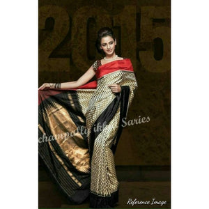 Pochampally ikkat white with black and maroon border handwoven pure silk saree - Pochampally Ikkat Silk Sarees