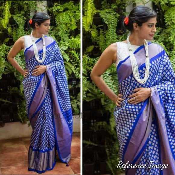 Pochampally ikkat white with blue handwoven pure silk saree - Pochampally Ikkat Silk Sarees