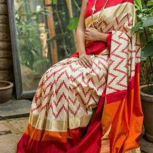 Pochampally ikkat white with orange and maroon zari border handwoven pure silk saree - Pochampally Ikkat Silk Sarees
