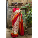 Pochampally ikkat white with orange and maroon zari border handwoven pure silk saree - Pochampally Ikkat Silk Sarees