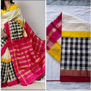 Pochampally ikkat white with pink and yellow handwoven pure silk saree with black and white checks - Pochampally Ikkat Silk Sarees
