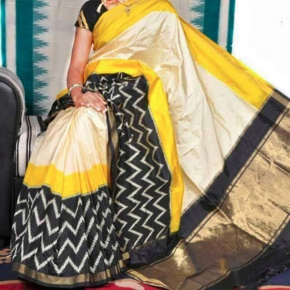 Pochampally ikkat white with yellow and black border handwoven pure silk saree - Pochampally Ikkat Silk Sarees