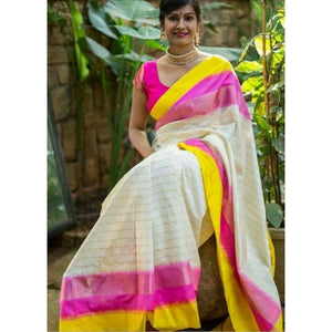 Pochampally ikkat white with yellow and pink handwoven pure silk saree with zari lines - Pochampally Ikkat Silk Sarees