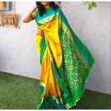 Pochampally ikkat yellow with green handwoven pure silk saree - Pochampally Ikkat Silk Sarees