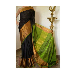 Uppada black with green handwoven pure silk saree with wide golden zari border - Uppada Plain Silk Saree