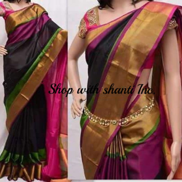 Uppada black with purple and green handwoven silk saree with special border - Uppada special border silk saree