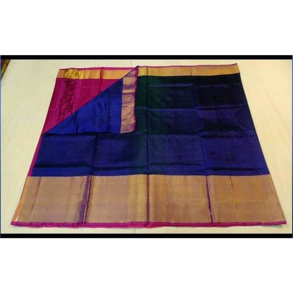 Uppada dark blue with pink handwoven pure silk saree with wide golden zari border - Uppada Plain Silk Saree