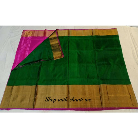 Uppada dark green with pink handwoven pure silk saree with wide golden zari border - Uppada Plain Silk Saree
