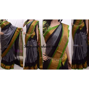 Uppada gray with green and blackk handwoven silk saree with special border - Uppada special border silk saree