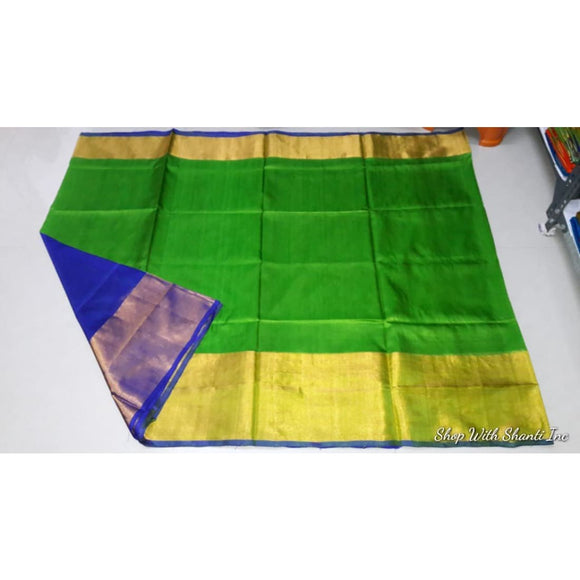 Uppada green with blue handwoven pure silk saree with wide golden zari border - Uppada Plain Silk Saree