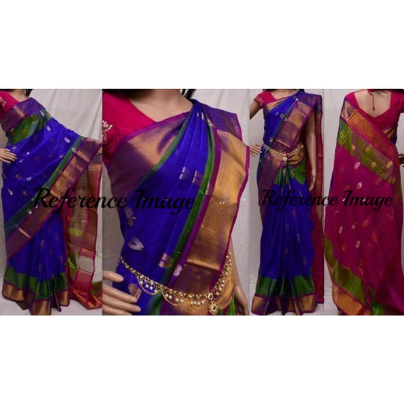Uppada handwoven blue with pink pure silk saree with butti work - Uppada silk saree with butti work