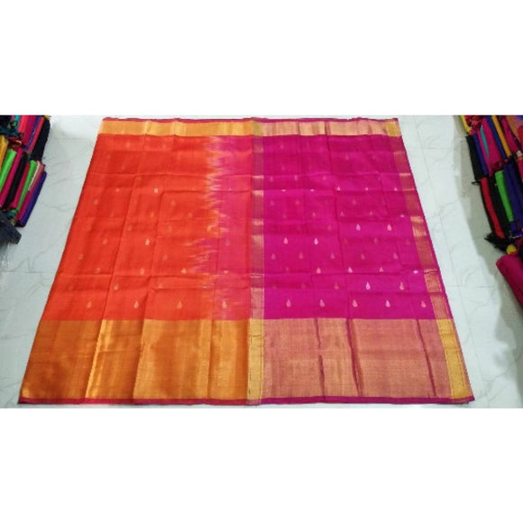 Uppada handwoven orange with pink pure silk saree with butti work - Uppada silk saree with butti work