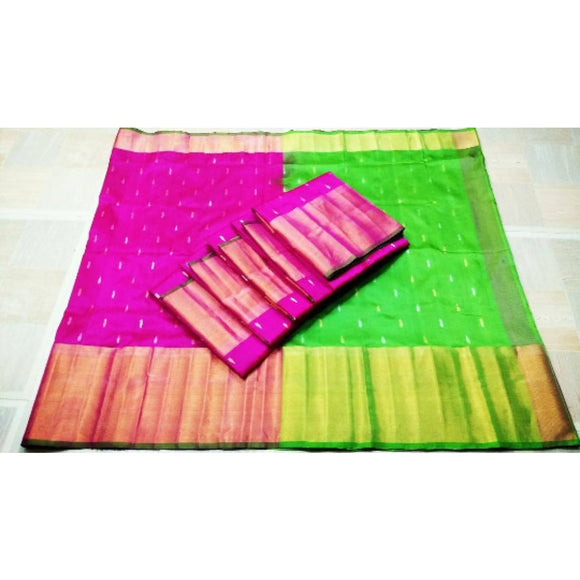 Uppada handwoven pink with green pure silk saree with butti work - Uppada silk saree with butti work