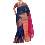 Uppada handwoven royal blue with pink pure silk saree with butti work - Uppada silk saree with butti work