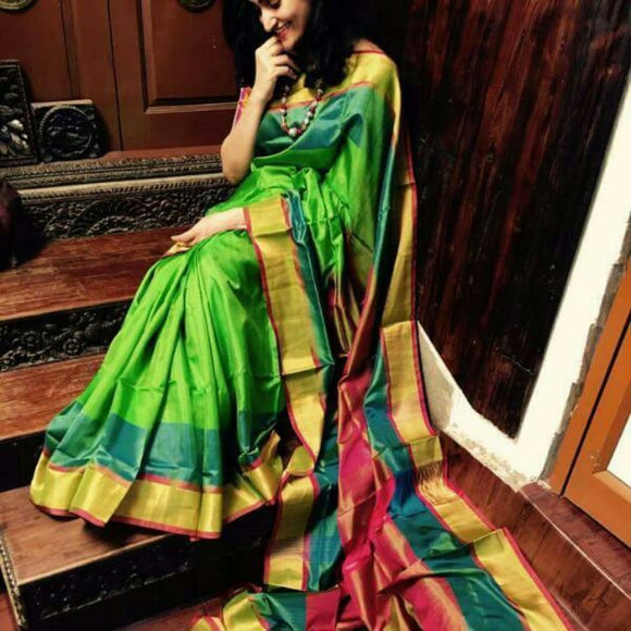 Uppada Light green with dark green and pink handwoven silk saree with special border - Uppada special border silk saree