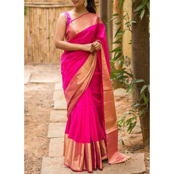 Pure mysore silk saree dark pink and light blue with plain body and za –  Cherrypick