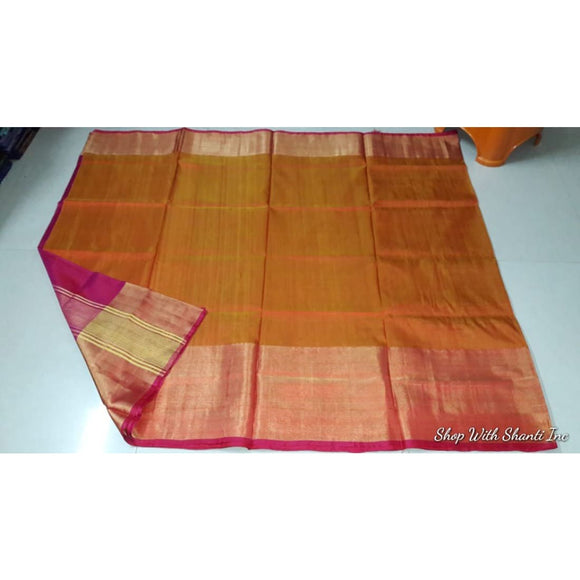Uppada mustard yellow with pink handwoven pure silk saree with wide golden zari border - Uppada Plain Silk Saree
