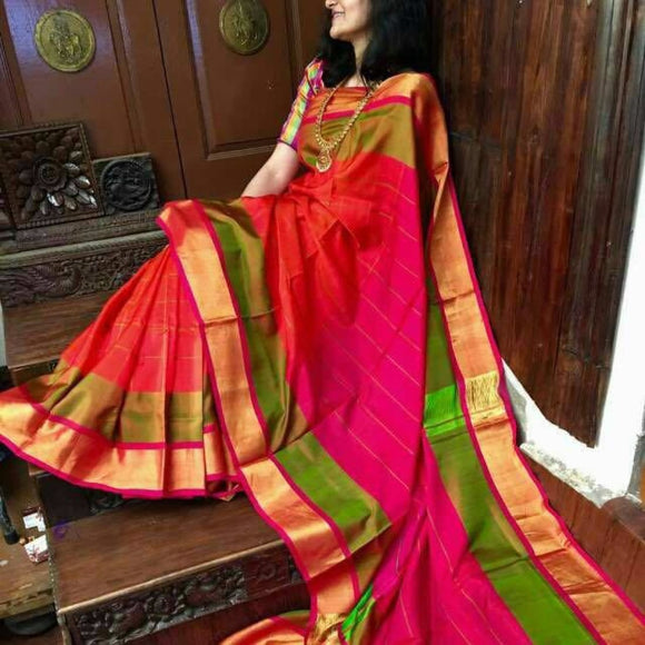Uppada orange with green and pink handwoven checks silk saree with special border - Uppada special border silk saree