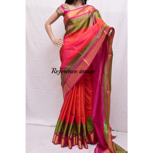 Uppada orange with green and pink handwoven silk saree with special border - Uppada special border silk saree