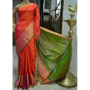 Uppada orange with green handwoven pure silk saree with wide golden zari border - Uppada Plain Silk Saree