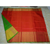 Uppada orange with green handwoven pure silk saree with wide golden zari border - Uppada Plain Silk Saree