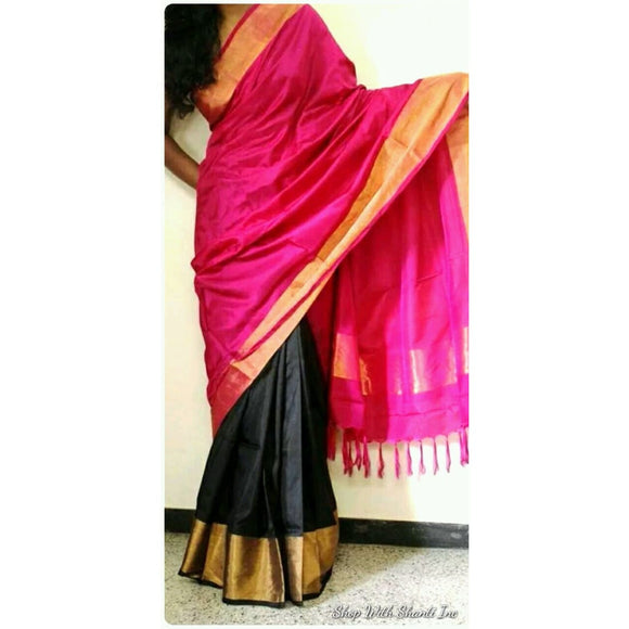 Uppada pink with black half and half handwoven pure silk saree - Uppada Half and Half Silk Sarees