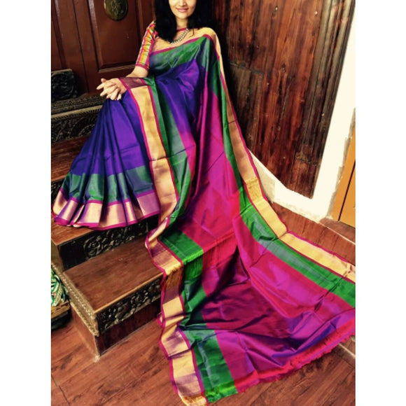Uppada Purple with green and pink handwoven silk saree with special border - Uppada special border silk saree