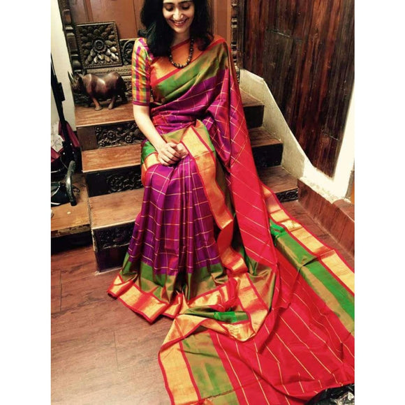 Uppada purple with orange handwoven checks silk saree with special border - Uppada special border silk saree
