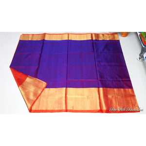 Uppada purple with red handwoven pure silk saree with wide golden zari border - Uppada Plain Silk Saree