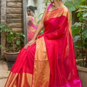 Uppada red handwoven pure silk saree with wide golden zari border - Uppada Plain Silk Saree