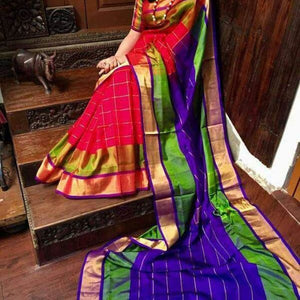 Uppada red with green and blue handwoven checks silk saree with special border - Uppada special border silk saree
