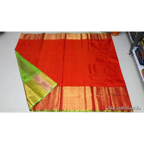 Uppada red with green handwoven pure silk saree with wide golden zari border - Uppada Plain Silk Saree
