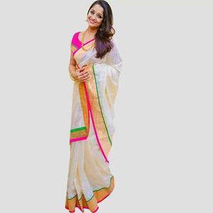 Uppada silver with pink and green zari border handwoven full tissue saree - Uppada Tissue Saree
