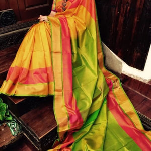 Uppada yellow with green and pink handwoven silk saree with special border - Uppada special border silk saree
